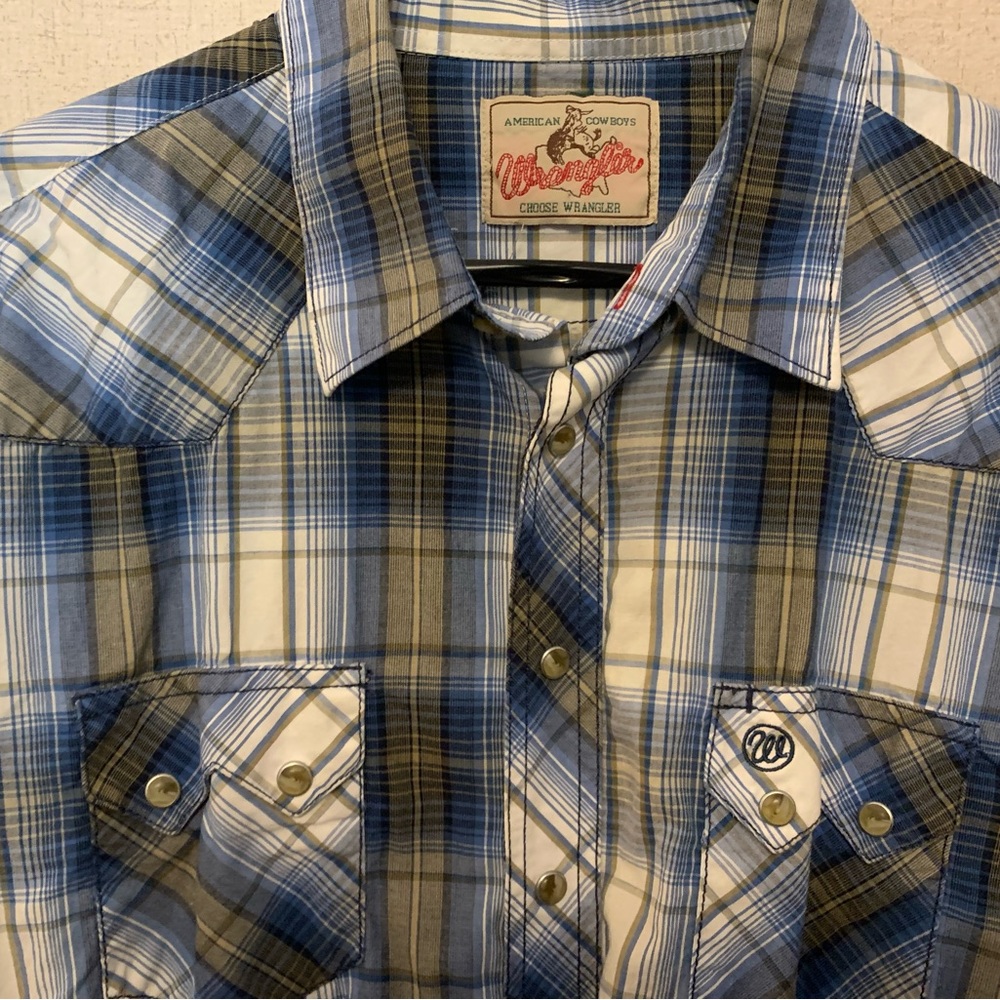 Vintage Wrangler blue flannel snap button western cowboy shirt